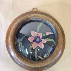 Vintage Round Floral Embroidery Framed Art Under Glass Wood Frame 5.5"